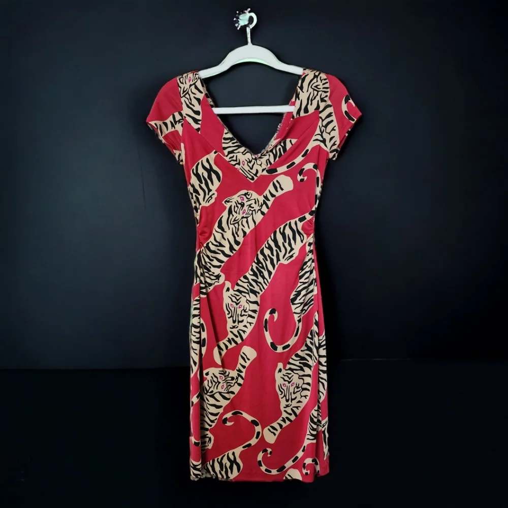 Diane von Furstenburg Red Tiger Estovan Silk Jersey Dress Size 2 - Picture 1 of 8